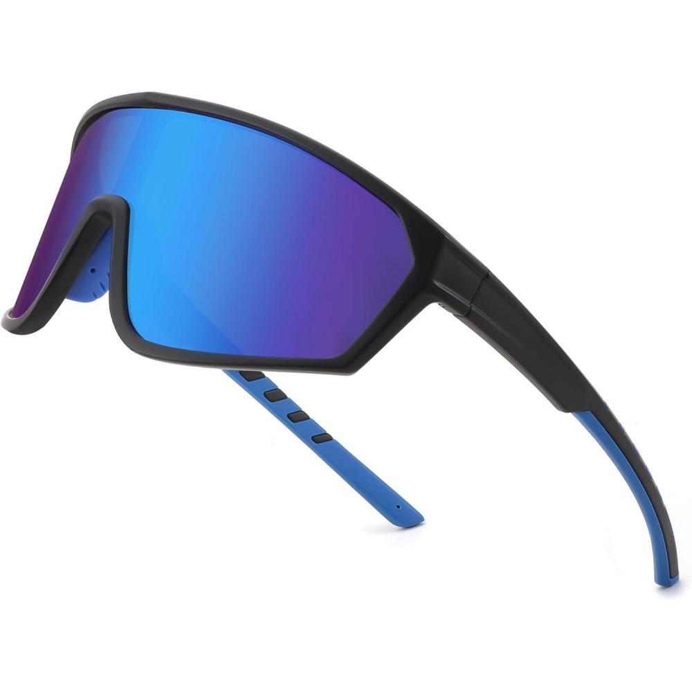 imageFEISEDY Polarized Sports Sunglasses for Men Women Cycling Running Fishing Tac Glasses UV400 Protection B1125Black Frame Blue Mirror Lens