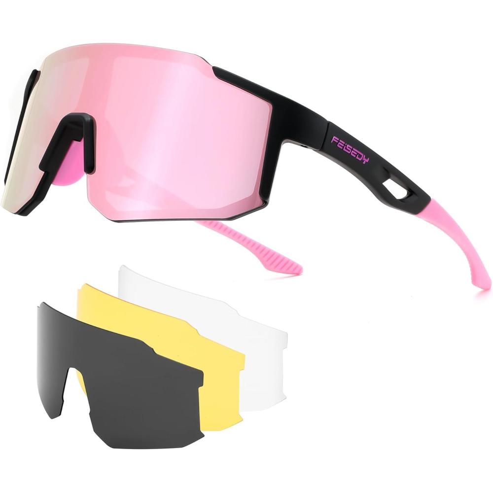 imageFEISEDY Polarized Sports Sunglasses for Men Women Youth Baseball Running Cycling UV400 Protection 4 Lenses B0279BlackPink