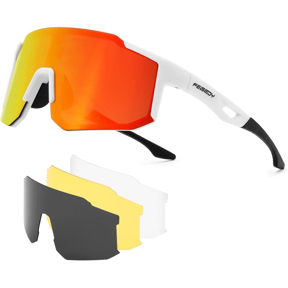 imageFEISEDY Polarized Sports Sunglasses for Men Women Youth Baseball Running Cycling UV400 Protection 4 Lenses B0279WhiteRed