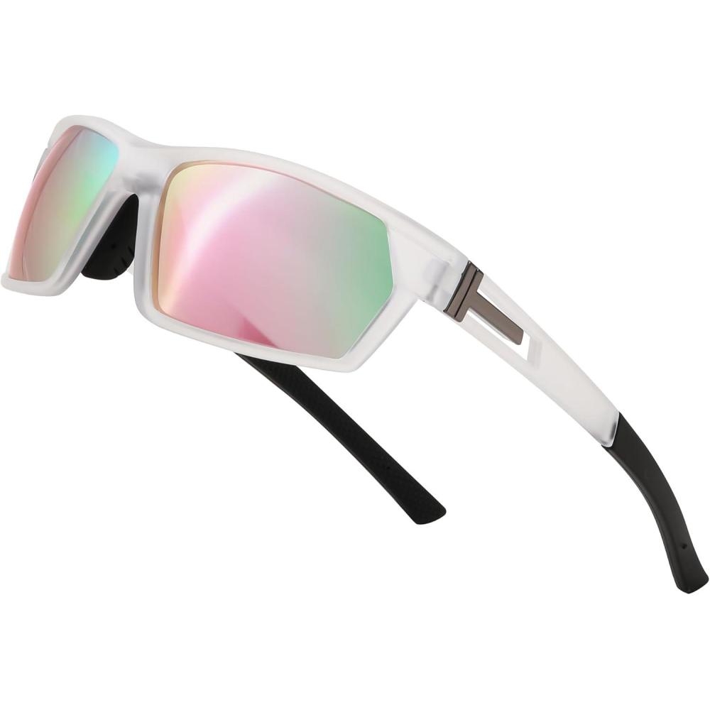 imageFEISEDY Polarized Sports Sunglasses for Men Women Youth Baseball Cycling Running Glasses UV400 Protection B0135Transparent Frame Pink Mirror Lens