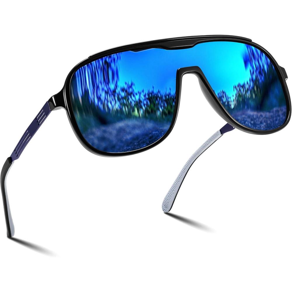 imageFEISEDY Polarized Sunglasses Men Mirrored One Piece Lens Shades Women Reflective UV Protection Sun Glasses B0277Black Frame and Blue Lenses