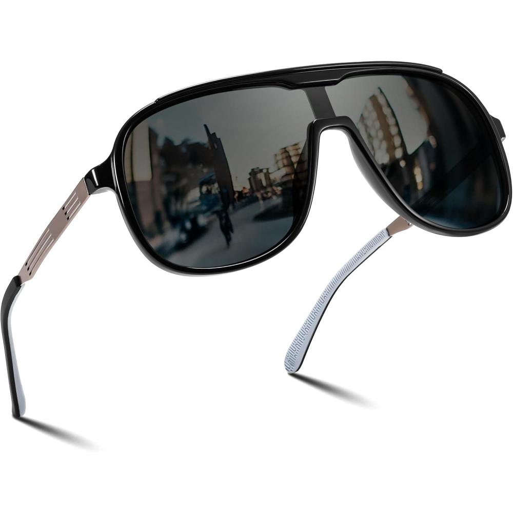 imageFEISEDY Polarized Sunglasses Men Mirrored One Piece Lens Shades Women Reflective UV Protection Sun Glasses B0277Black Frame and Grey Lens