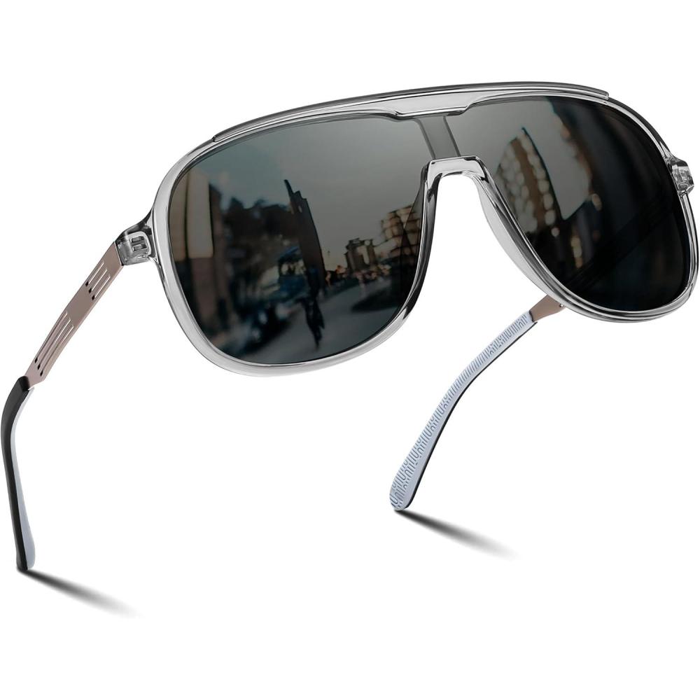 imageFEISEDY Polarized Sunglasses Men Mirrored One Piece Lens Shades Women Reflective UV Protection Sun Glasses B0277Grey Frame and Grey Lense