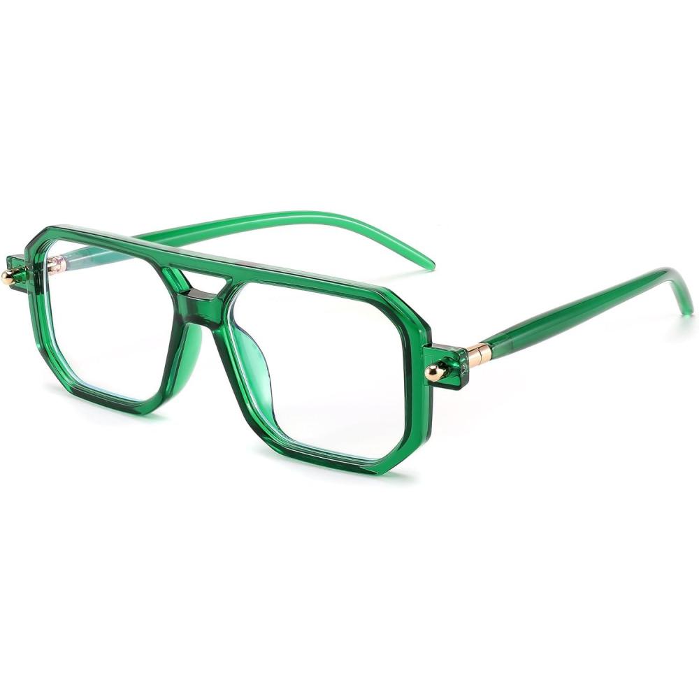 imageFEISEDY Reading Glasses Vintage Square Blue Light Blocking Glasses Women Men 70s Flat Aviator Glasses B0090Green