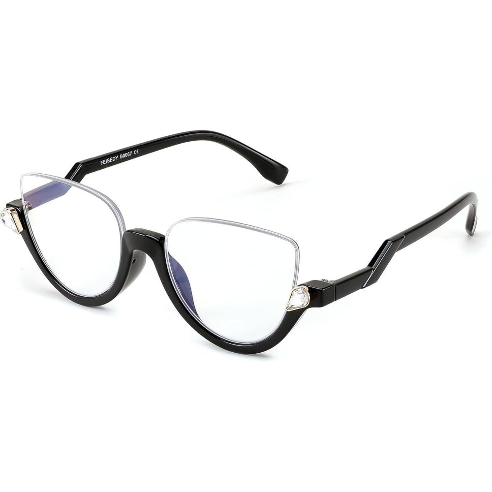 imageFEISEDY Reading Glasses for Women Fashion Half Frame Cat Eye Glasses Anti Glare Eyeglasses B0067Black