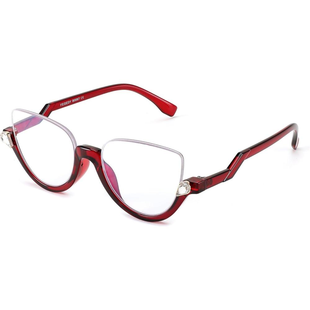 imageFEISEDY Reading Glasses for Women Fashion Half Frame Cat Eye Glasses Anti Glare Eyeglasses B0067Red