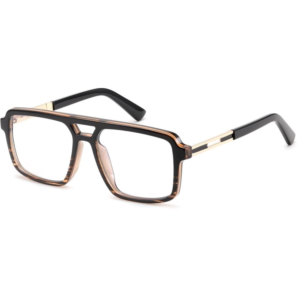 imageFEISEDY Retro Aviator Blue Light Glasses for Men Women Square Frame Computer ReadingTVPhones Glasses B0209002 Tea Stripe Frame