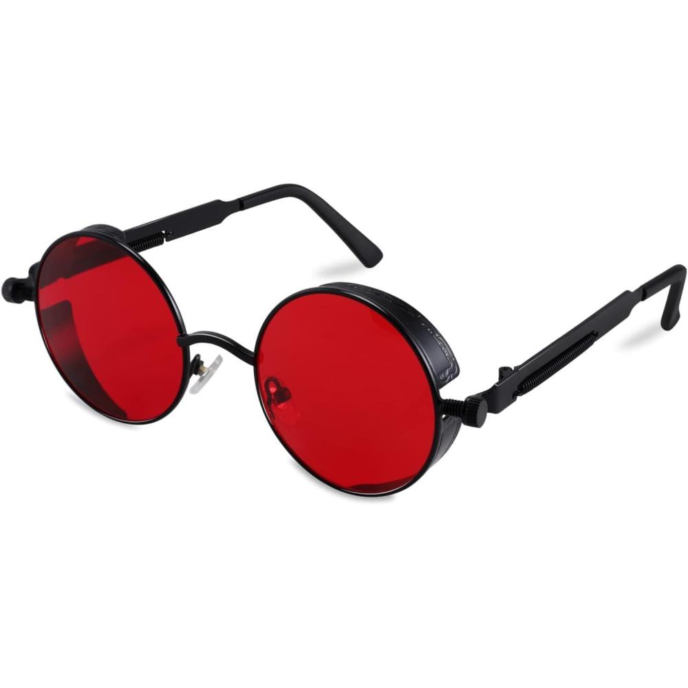 imageFEISEDY Retro Gothic Steampunk Sunglasses Round Metal Frame Punk Circle Inspired Shade Men B1857BlackRed