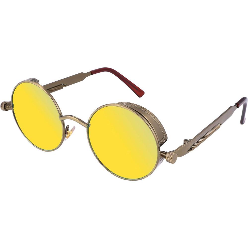 imageFEISEDY Retro Gothic Steampunk Sunglasses Round Metal Frame Punk Circle Inspired Shade Men B1857BronzeGoldgreen