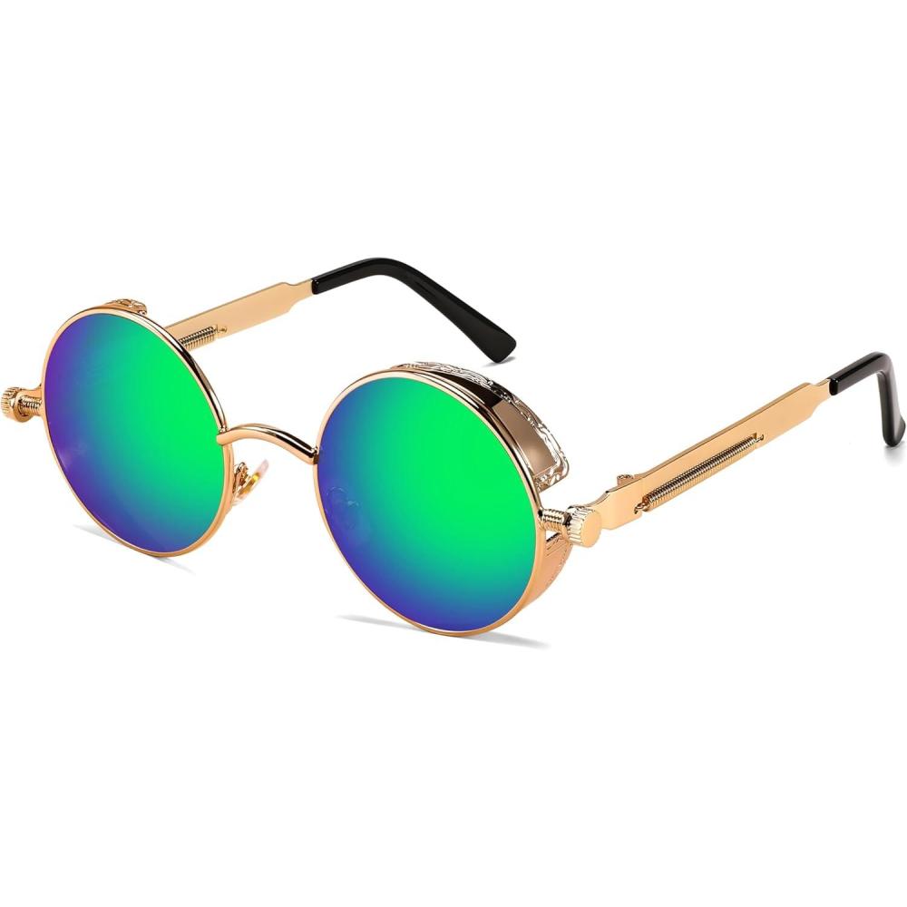 imageFEISEDY Retro Gothic Steampunk Sunglasses Round Metal Frame Punk Circle Inspired Shade Men B1857GoldGreen Mirror