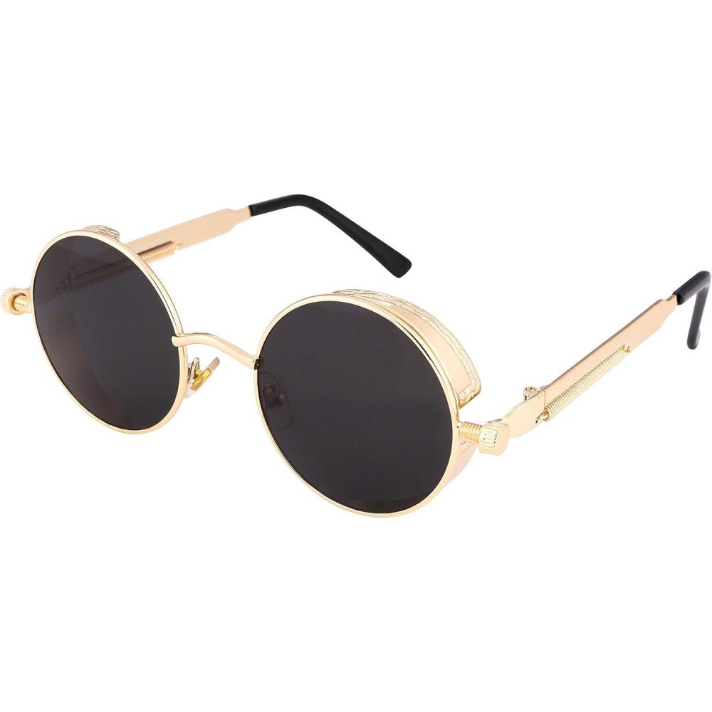 imageFEISEDY Retro Gothic Steampunk Sunglasses Round Metal Frame Punk Circle Inspired Shade Men B1857GoldGrey