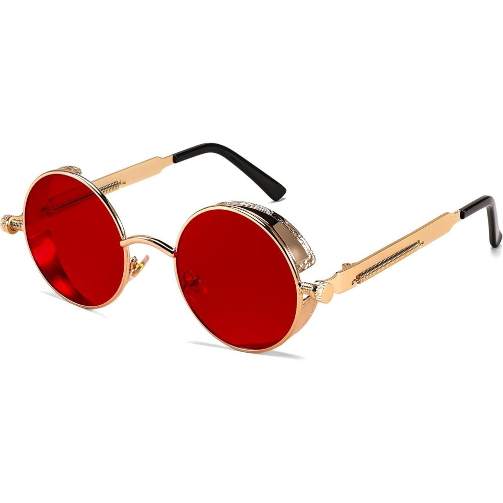 imageFEISEDY Retro Gothic Steampunk Sunglasses Round Metal Frame Punk Circle Inspired Shade Men B1857GoldRed