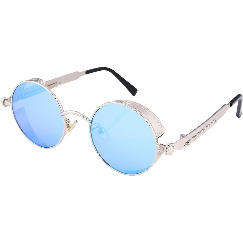 imageFEISEDY Retro Gothic Steampunk Sunglasses Round Metal Frame Punk Circle Inspired Shade Men B1857SilverBlue