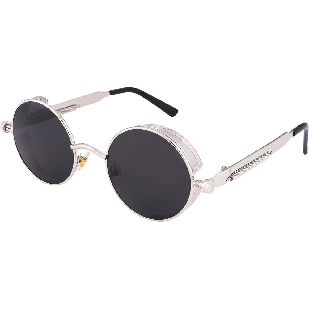 imageFEISEDY Retro Gothic Steampunk Sunglasses Round Metal Frame Punk Circle Inspired Shade Men B1857SilverGrey