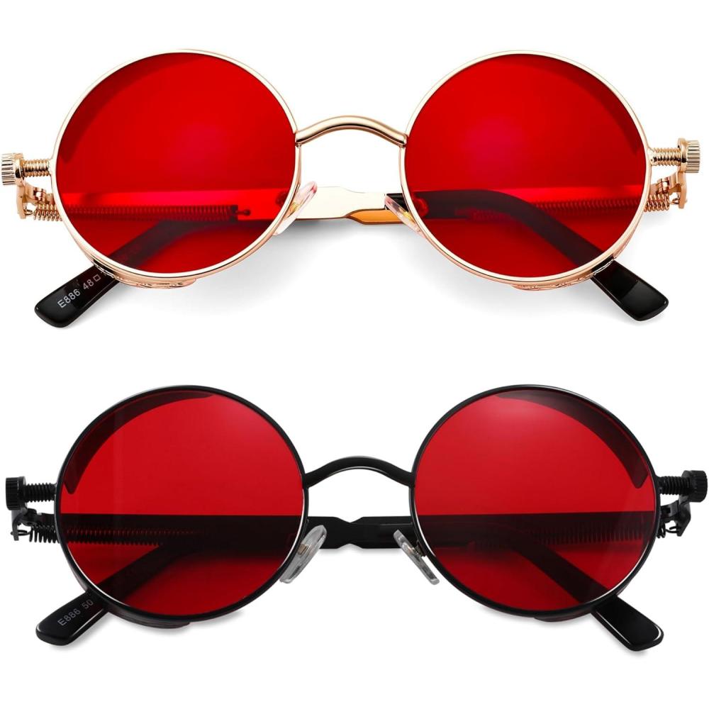 imageFEISEDY Retro Gothic Steampunk Sunglasses Round Metal Frame Punk Circle Inspired Shade Men B1857Z2pack BlackRed GoldRed