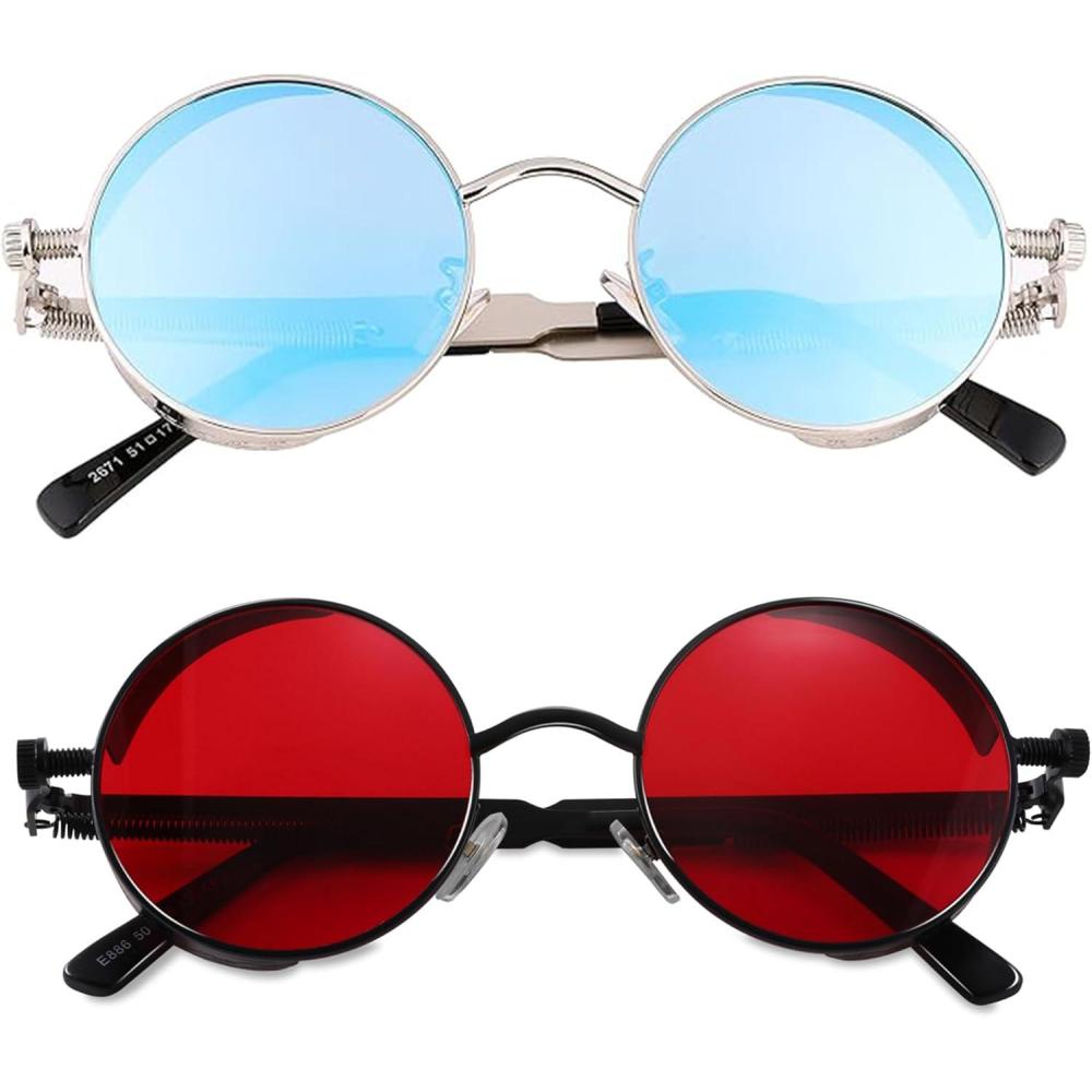 imageFEISEDY Retro Gothic Steampunk Sunglasses Round Metal Frame Punk Circle Inspired Shade Men B1857Z2pack BlackRed SilverBlue