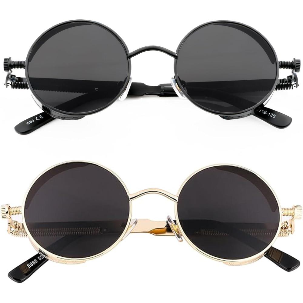 imageFEISEDY Retro Gothic Steampunk Sunglasses Round Metal Frame Punk Circle Inspired Shade Men B1857Z2pack GoldGrey BlackGrey