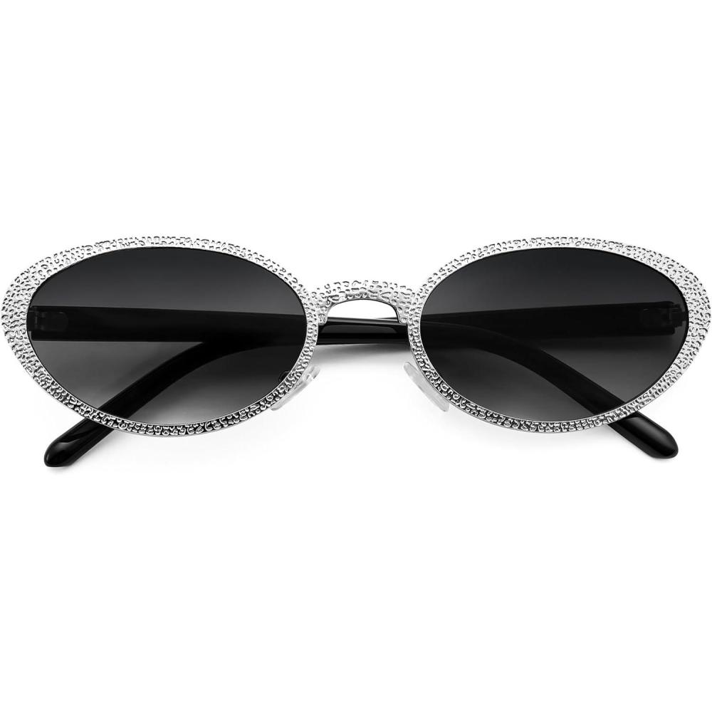 imageFEISEDY Retro Oval Small Sunglasses for Women 90s Narrow Y2K Sun Glasses Classic Shades UV400 Protection B9160Silver Frame Gradient Grey Lens