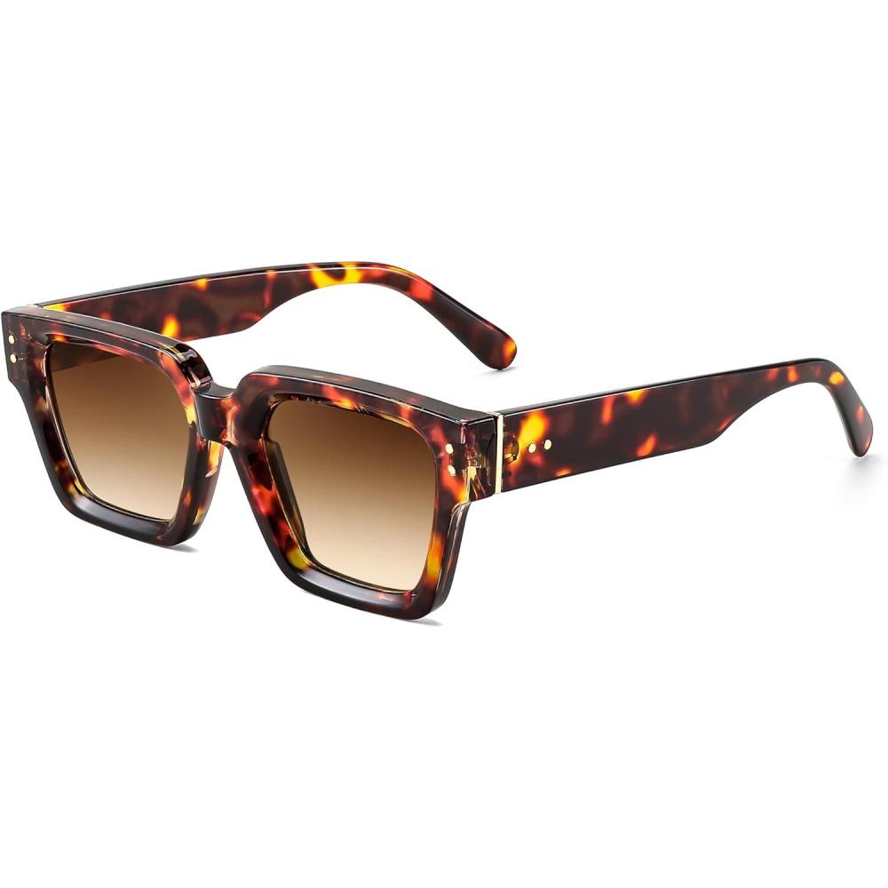 imageFEISEDY Retro Rectangle Sunglasses Trendy Chunky Square Sun Glasses for Women Men UV400 Protection B0073Leopard Frame Gradual Tea Lens