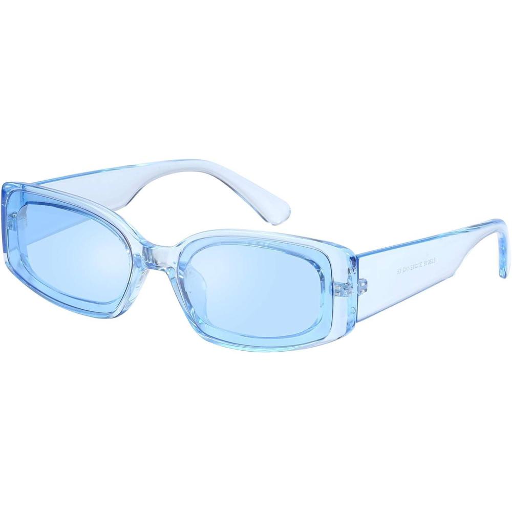 imageFEISEDY Retro Rectangle Sunglasses Women Men Vintage 90s Small Glasses Thick Narrow Fashion Y2K Plastic Glasses B2462Clear Blue