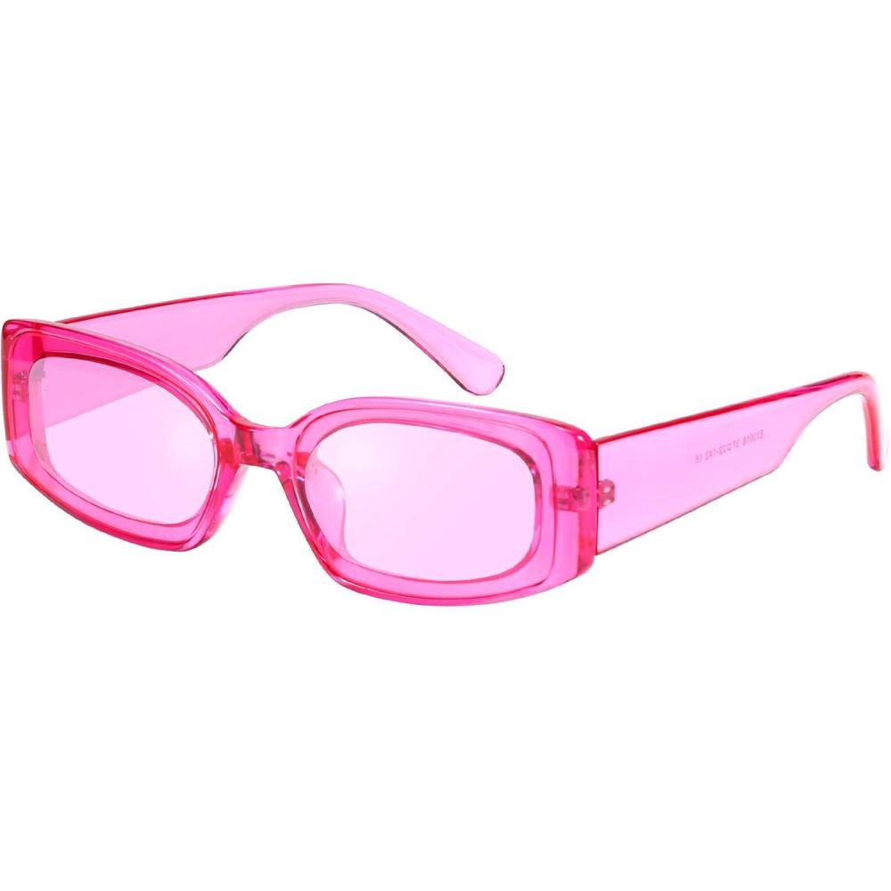 imageFEISEDY Retro Rectangle Sunglasses Women Men Vintage 90s Small Glasses Thick Narrow Fashion Y2K Plastic Glasses B2462Clear Pink