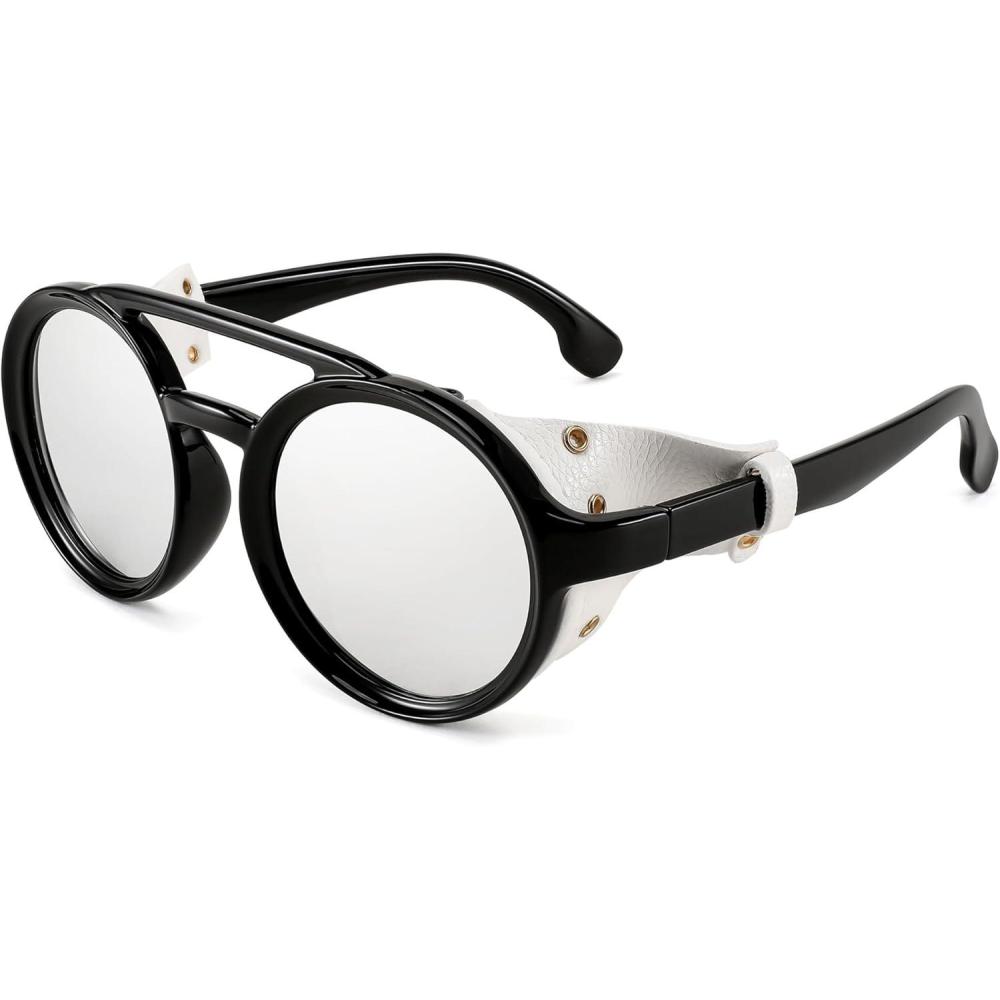 imageFEISEDY Retro Round Steampunk Sunglasses Women Men Vintage Eyewear Light Plastic Frame with Leatherwear B2532007 Black Frame Silver Lens White Leather