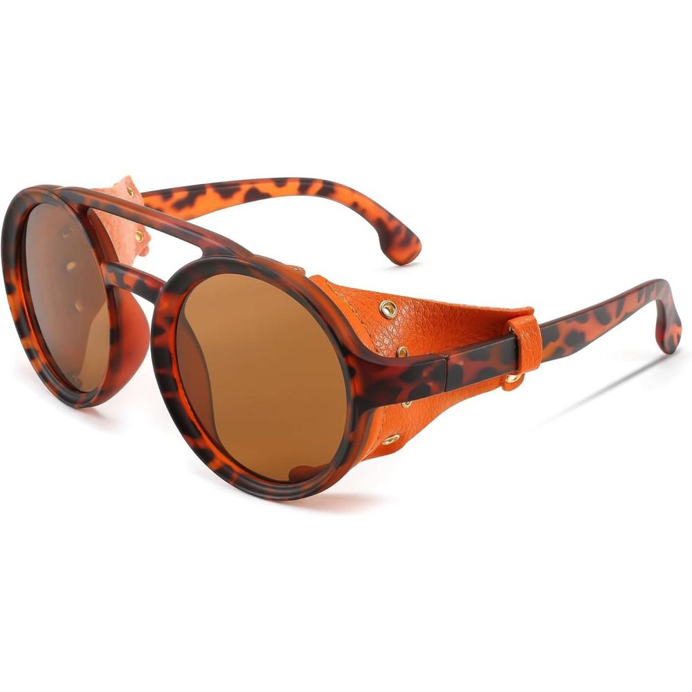 imageFEISEDY Retro Round Steampunk Sunglasses Women Men Vintage Eyewear Light Plastic Frame with Leatherwear B2532008 Leopard Frame Tea Lens Orange Leather