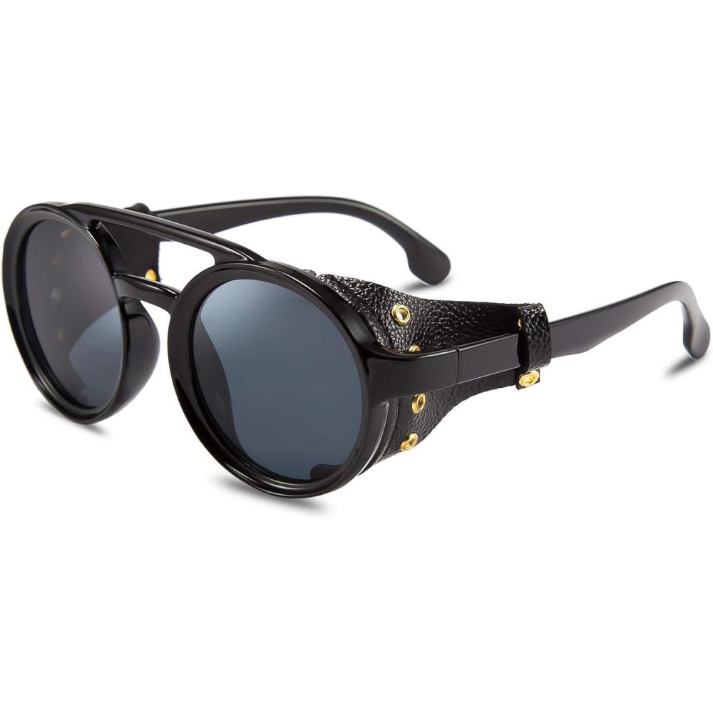 imageFEISEDY Retro Round Steampunk Sunglasses Women Men Vintage Eyewear Light Plastic Frame with Leatherwear B2532Black