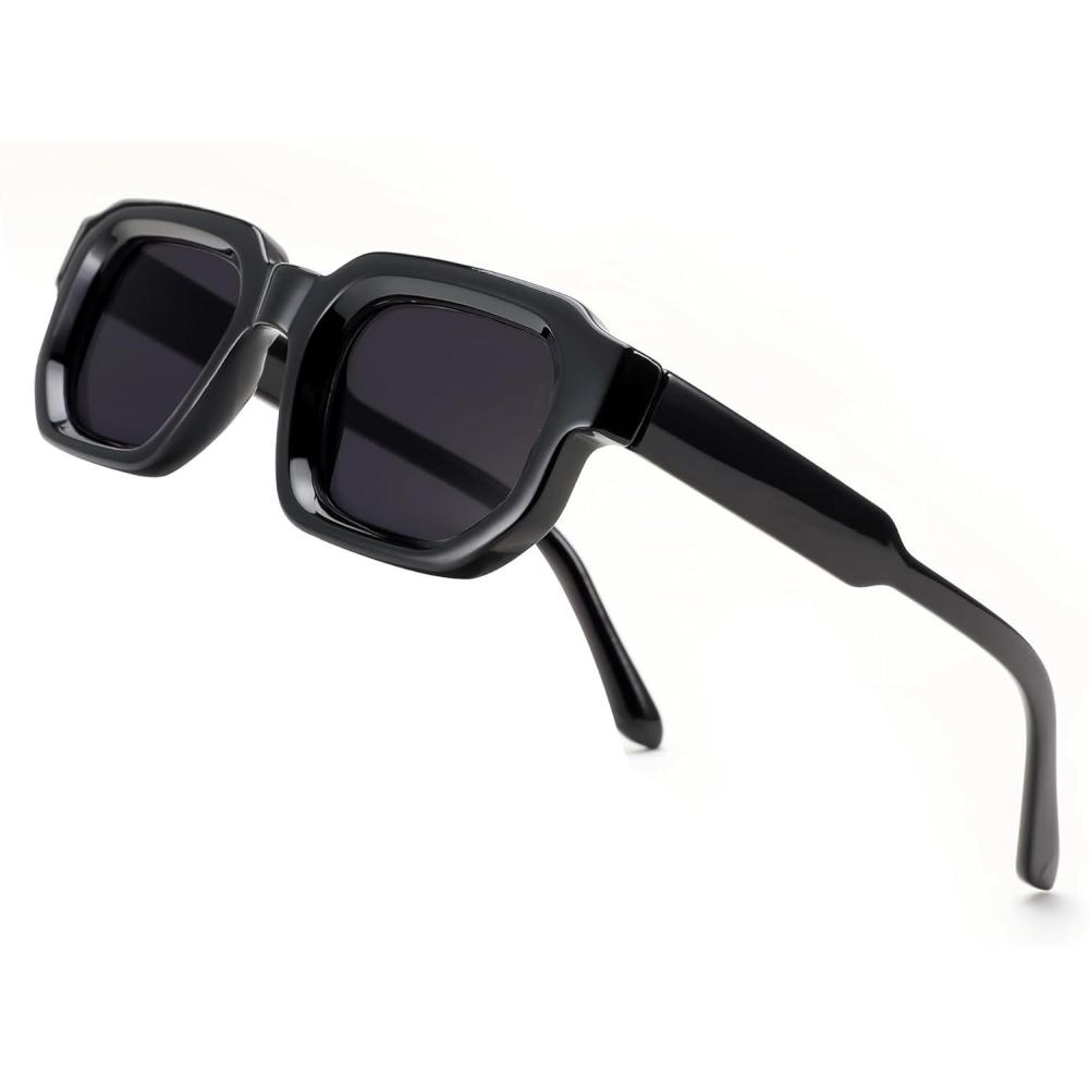 imageFEISEDY Retro Small Rectangle Sunglasses Women Men Fashion Thick Frame Chunky Square Shades B0202Black Frame Black Lens