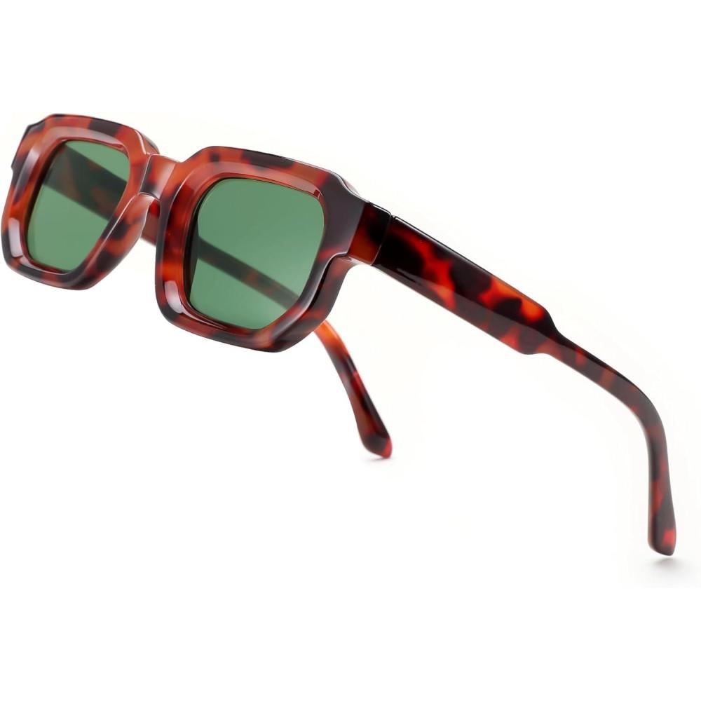 imageFEISEDY Retro Small Rectangle Sunglasses Women Men Fashion Thick Frame Chunky Square Shades B0202Tortoise Frame  Green Lens