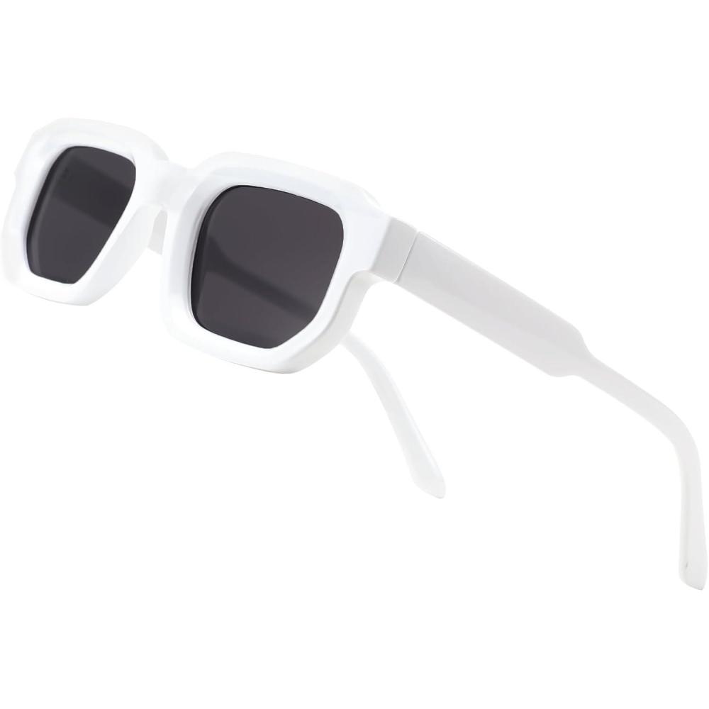 imageFEISEDY Retro Small Rectangle Sunglasses Women Men Fashion Thick Frame Chunky Square Shades B0202White Frame Black Lens