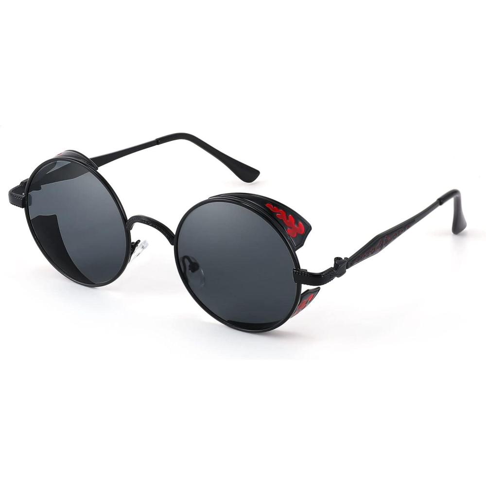 imageFEISEDY Retro Steampunk Polarized Sunglasses for Men Women Round Metal Frame Gothic Vintage Style B2820001 Black Frame Black Gray Polarized Lens