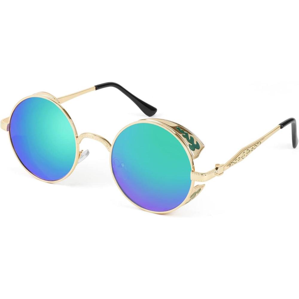 imageFEISEDY Retro Steampunk Polarized Sunglasses for Men Women Round Metal Frame Gothic Vintage Style B2820006 Gold Frame Green Polarized Lens