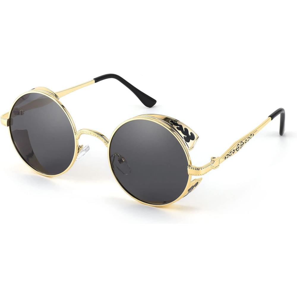 imageFEISEDY Retro Steampunk Polarized Sunglasses for Men Women Round Metal Frame Gothic Vintage Style B2820Black Gray Polarized Lens