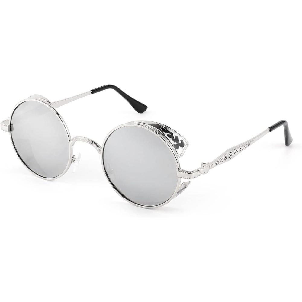 imageFEISEDY Retro Steampunk Polarized Sunglasses for Men Women Round Metal Frame Gothic Vintage Style B2820Grey Frames Grey Polarised Lenses