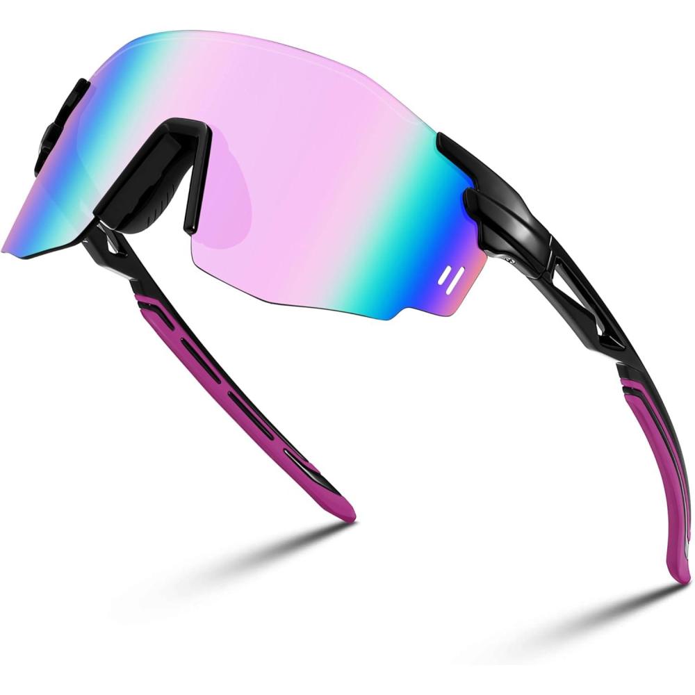 imageFEISEDY Rimless Sports Sunglasses for Men Women Tr90 Frame for Cycling Fishing Running B0116Black Frame Pink Mirrored Lens
