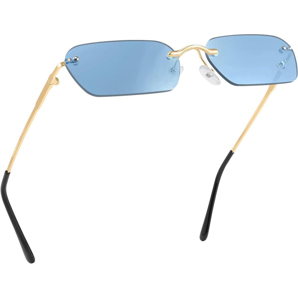 imageFEISEDY Rimless Sunglasses Y2K Retro Small Narrow Clear Eyewear Vintage Rectangle Sunglasses for Women Men B2643Blue