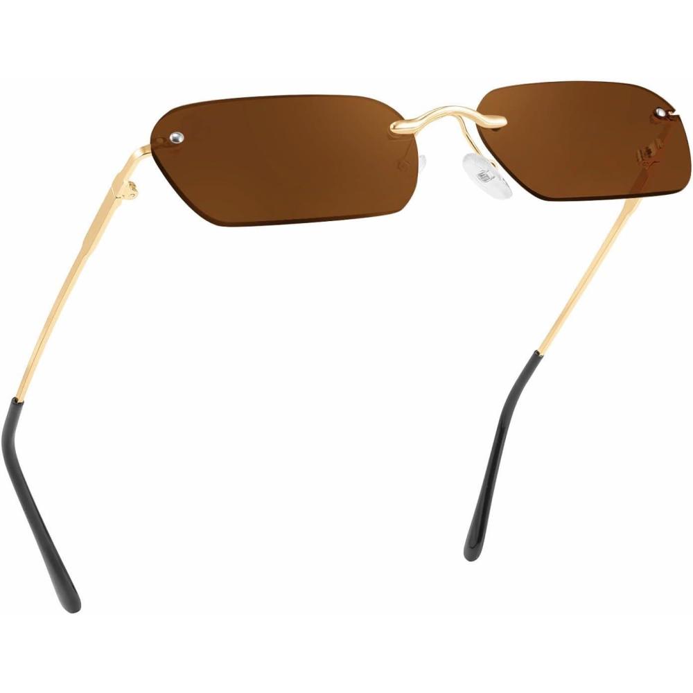 imageFEISEDY Rimless Sunglasses Y2K Retro Small Narrow Clear Eyewear Vintage Rectangle Sunglasses for Women Men B2643Brown