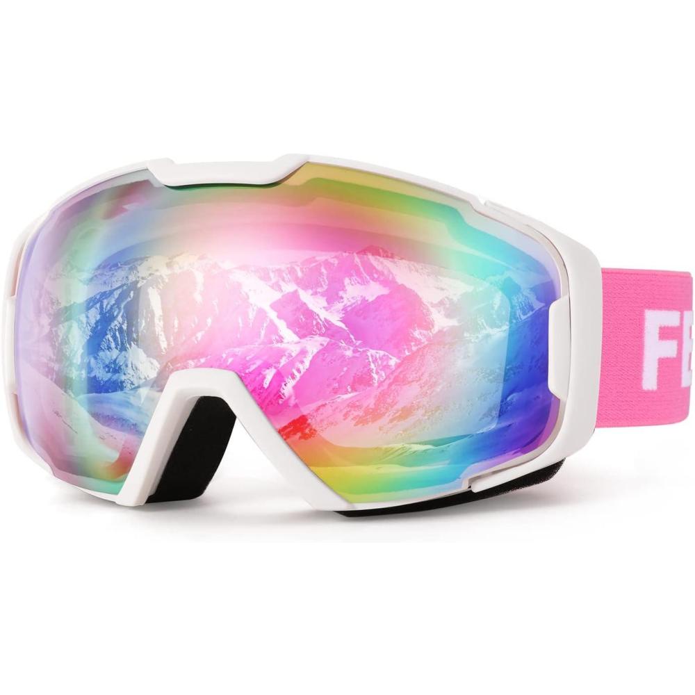 imageFEISEDY Ski Goggles OTG Snow Sport Goggles for Adult Youth AntiFog UV400 Protection Bendable DualLenses B2961Pink Silver Vlt 45