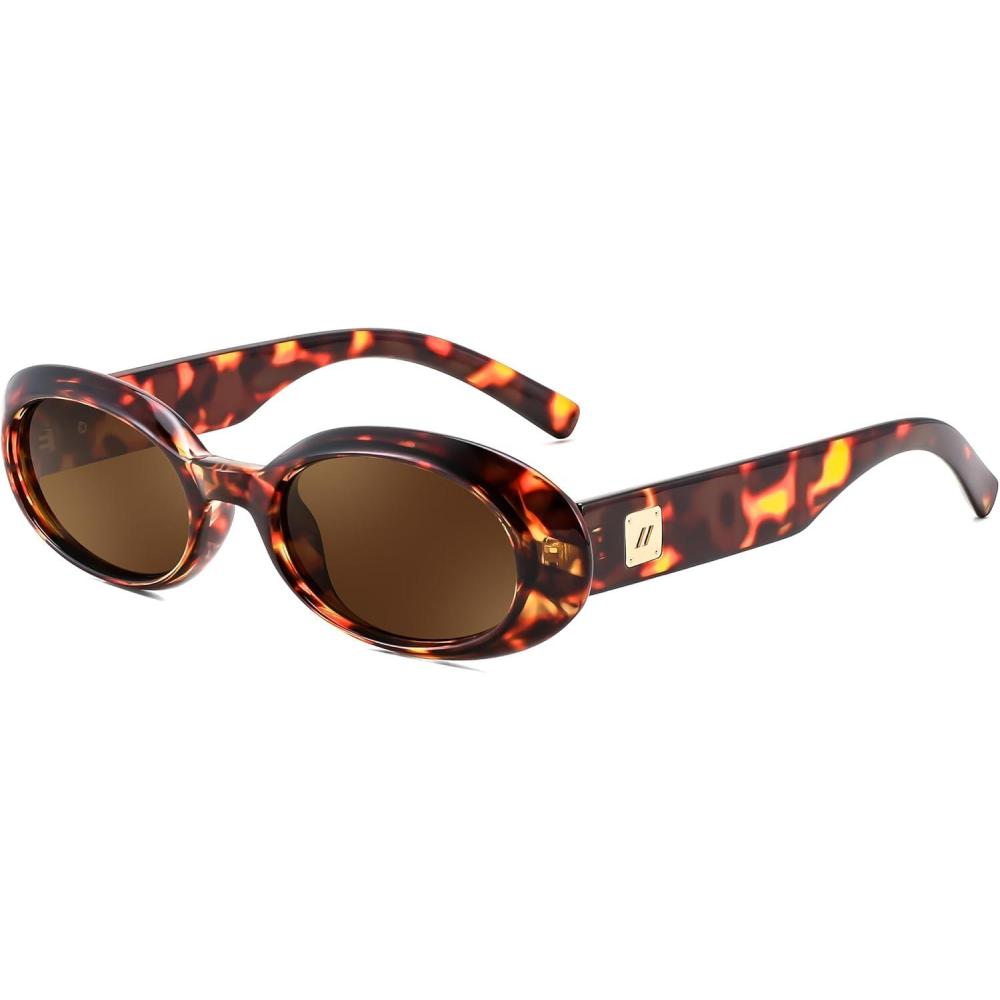 imageFEISEDY Small Retro Oval Sunglasses for Women Men 90s Vintage UV400 Protection Sun Glasses B9161Leopard Frame Brown Lens