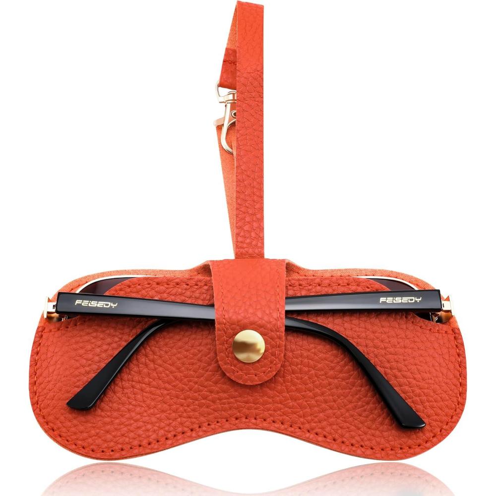 imageFEISEDY Soft Leather Sunglass CaseSlim Portable Glasses Holder with ButtonClosure Wrist Strap for Travel ampamp Outdoor B0308Orange