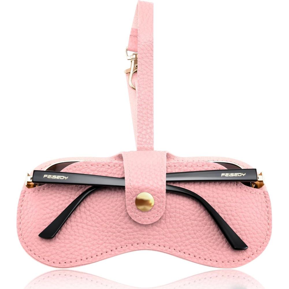 imageFEISEDY Soft Leather Sunglass CaseSlim Portable Glasses Holder with ButtonClosure Wrist Strap for Travel ampamp Outdoor B0308Pink