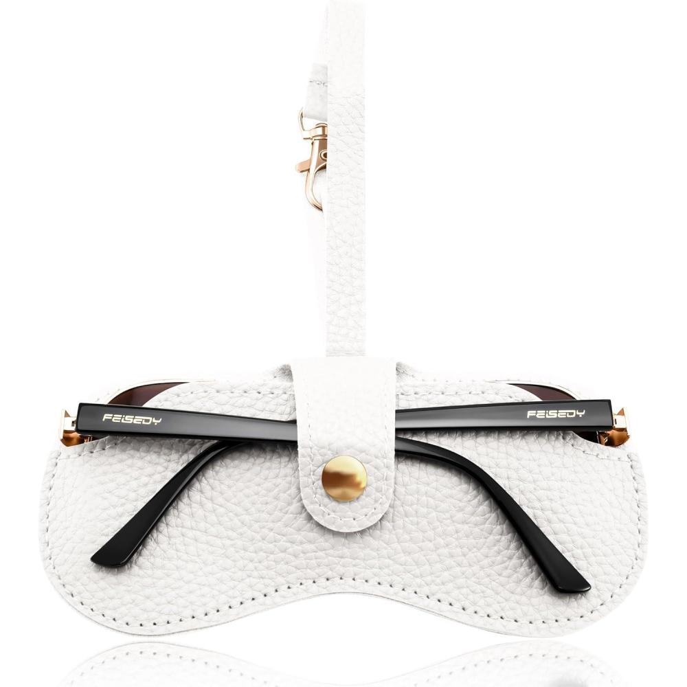 imageFEISEDY Soft Leather Sunglass CaseSlim Portable Glasses Holder with ButtonClosure Wrist Strap for Travel ampamp Outdoor B0308White