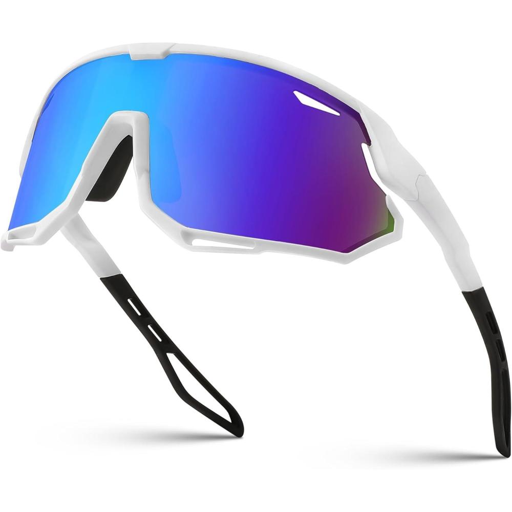 imageFEISEDY Sport Sunglasses for Men Women Cycling Glasses with UV Protection for Baseball Ski Runing Golf B0082White FrameBlue Mirror