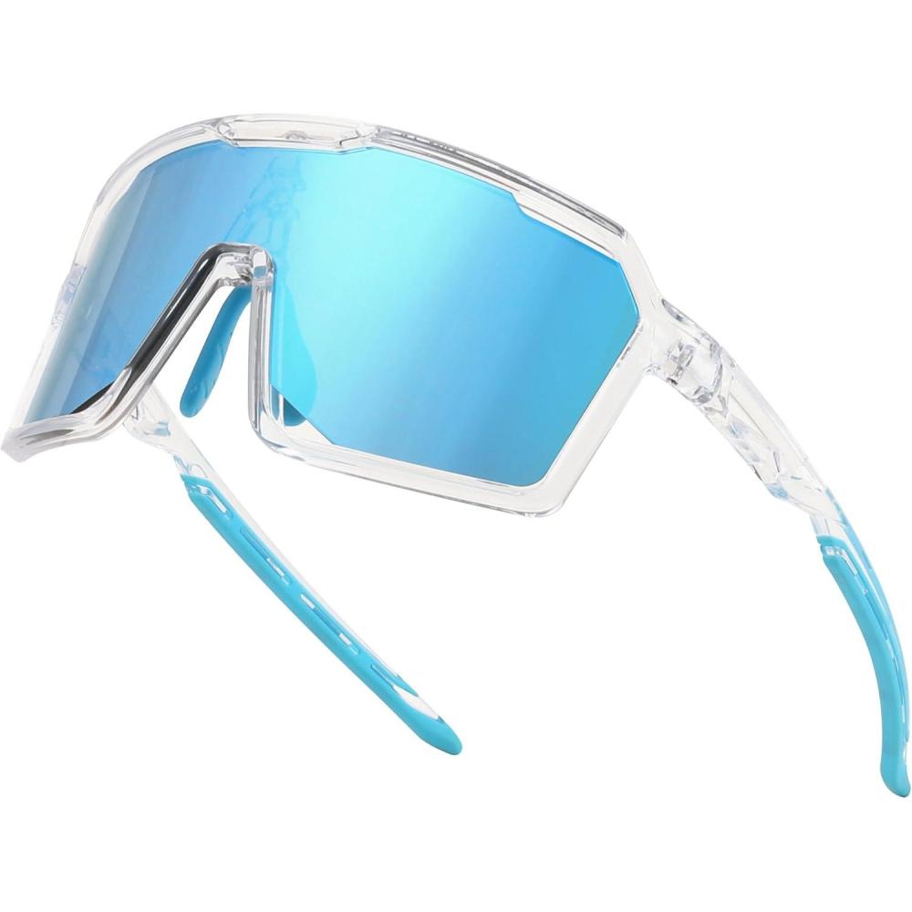 imageFEISEDY Sports Cycling Sunglasses for Men Women UV400 Protection Baseball Running Fishing Biking B0168Clear Frame Blue Mirrored Lens