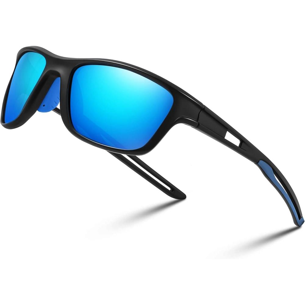 imageFEISEDY Sports Polarized Sunglasses For Men Women Cycling Driving Fishing Running UV400 Protection B0125Black Frame Blue Mirror Lens