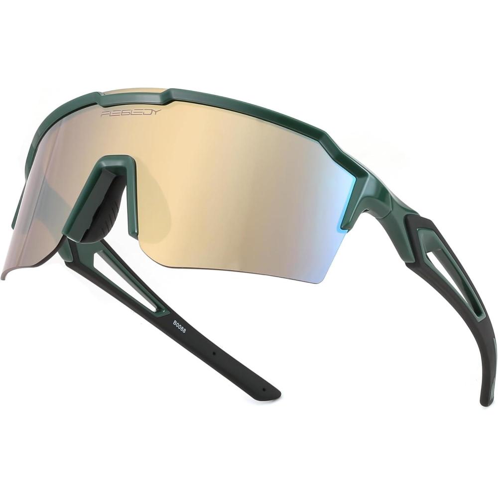 imageFEISEDY Sports Sunglasses for Men Women Baseball Cycling Running Driving Glasses UV400 B0088Green Frame Gold Mirror Lens