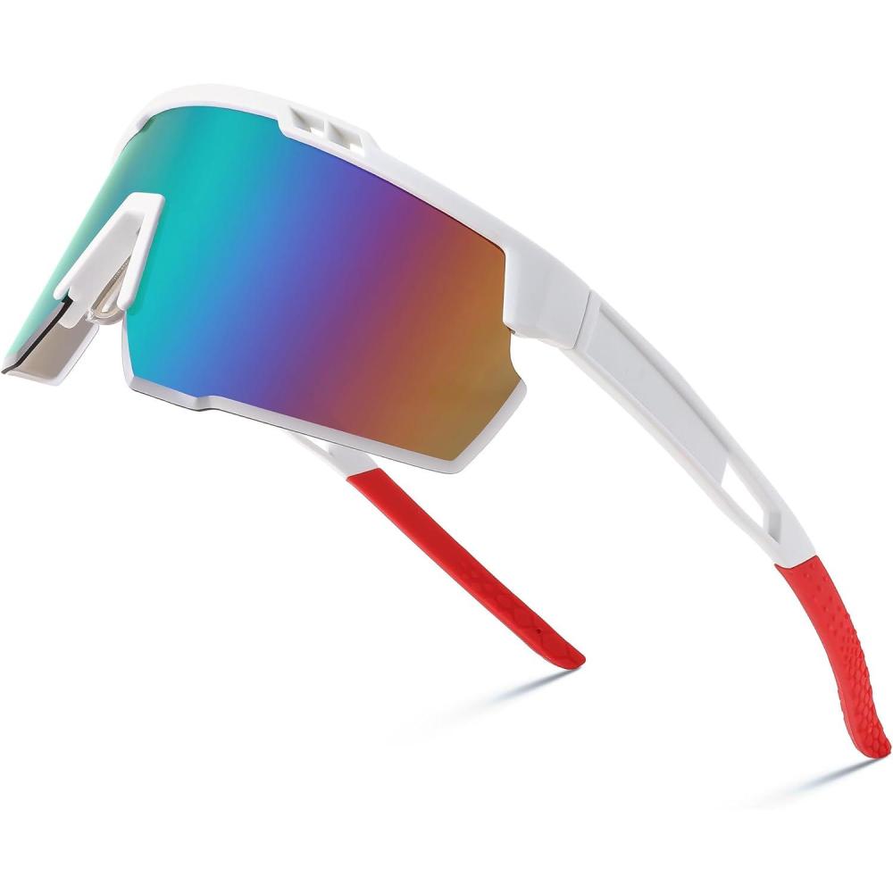 imageFEISEDY Sports Sunglasses for Men and Women UV400 Protection Cycling Goggles Golf Baseball Driving Fishing B0022White Frame Green Mirrored Lens