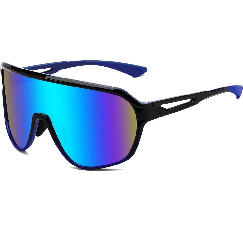 imageFEISEDY Sports Sunglasses for Men and WomenOversized One Piece Reflective Lens Cycling Sunglasses B0178Black Blue Frame Blue Mirrored Lens
