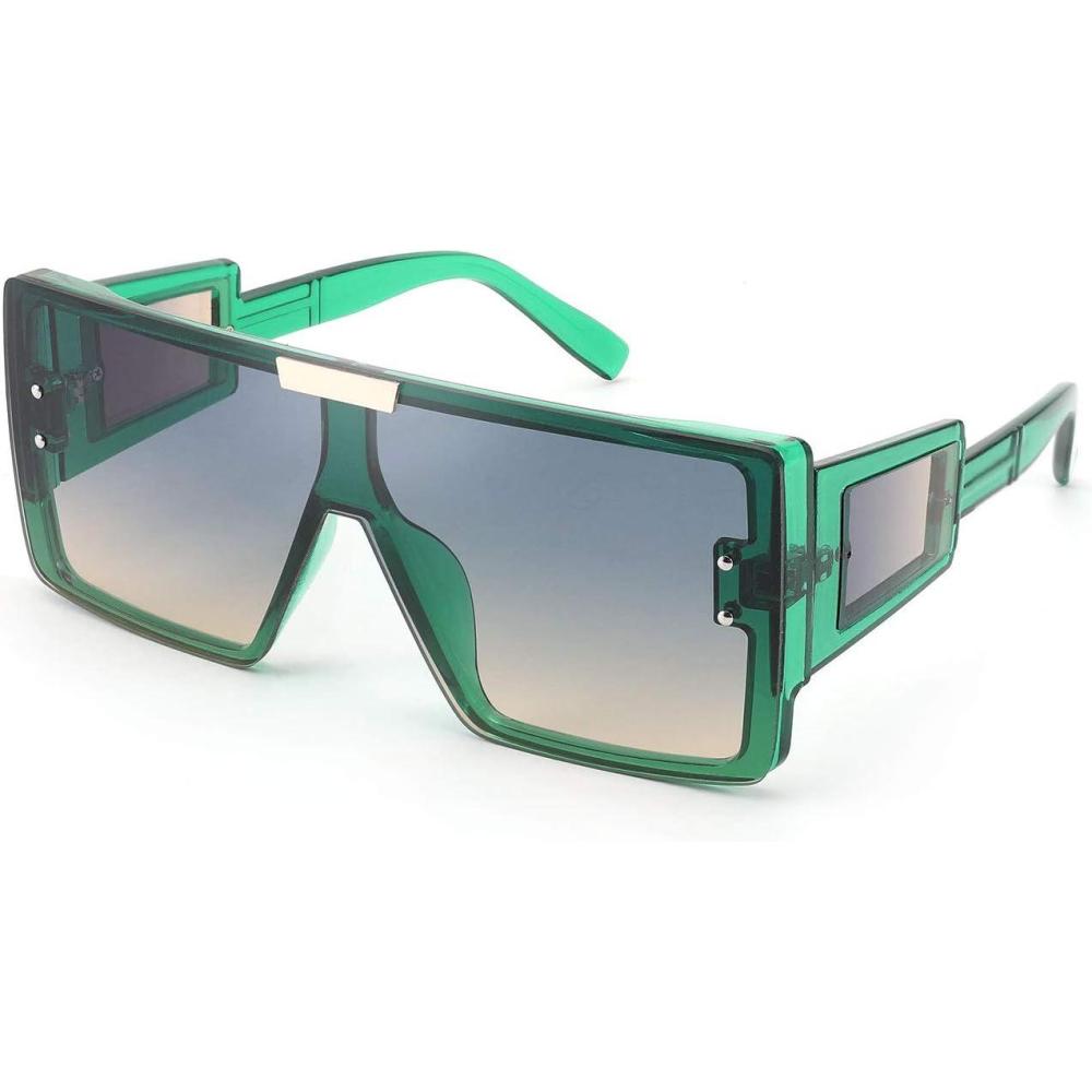 imageFEISEDY Square Oversized Flat Top Sunglasses With Side Lens Integrated For Women Men B4028Transparent Green Frame Greyyellow Lens